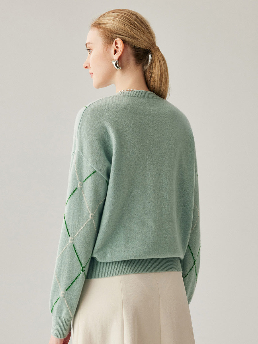 COMOBOCA 100% Cashmere Women's Diamond Patterned Round Neck Sweater