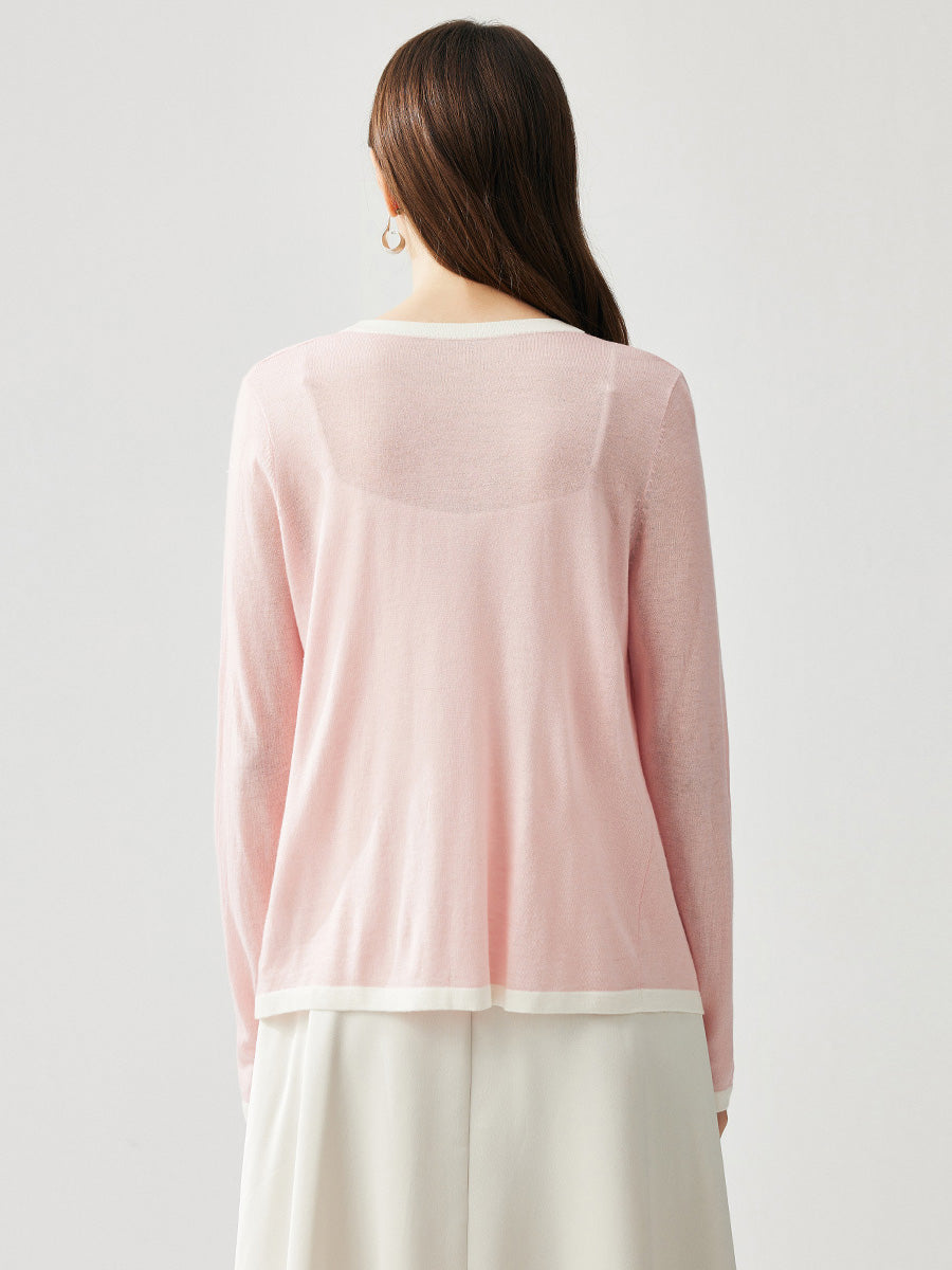 COMOBOCA Women's Ribbed V-neck Cardigan with White Trim