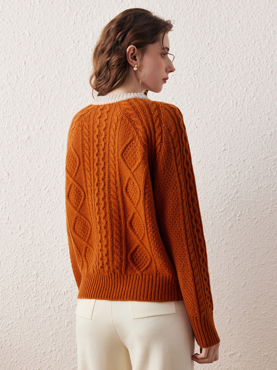 COMOBOCA 100% Wool Women's Contrast Color Cable Knit Sweater