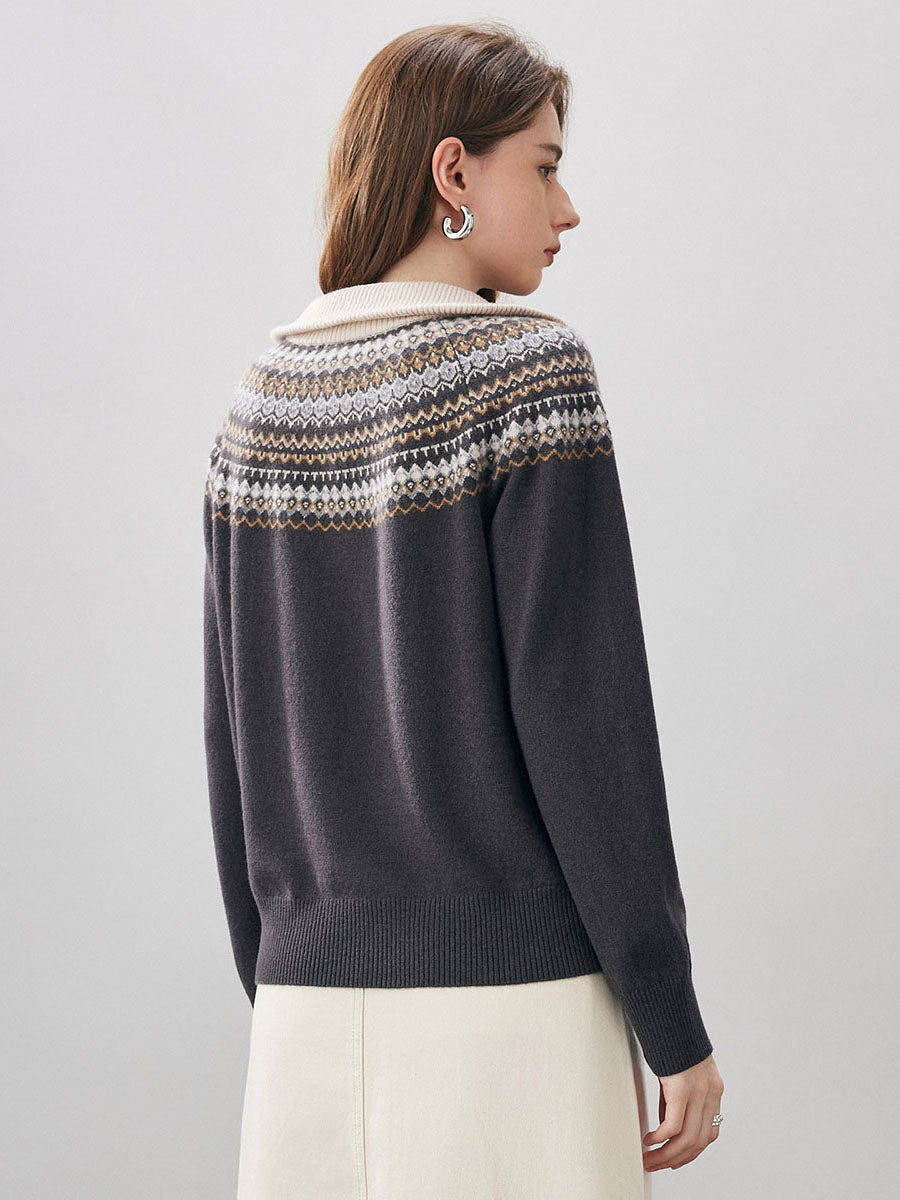 COMOBOCA 100% Wool Women's Fair Isle Zip Up Sweater