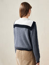 COMOBOCA 100% Wool Women's Cable Knit Sweater with Bow Collar