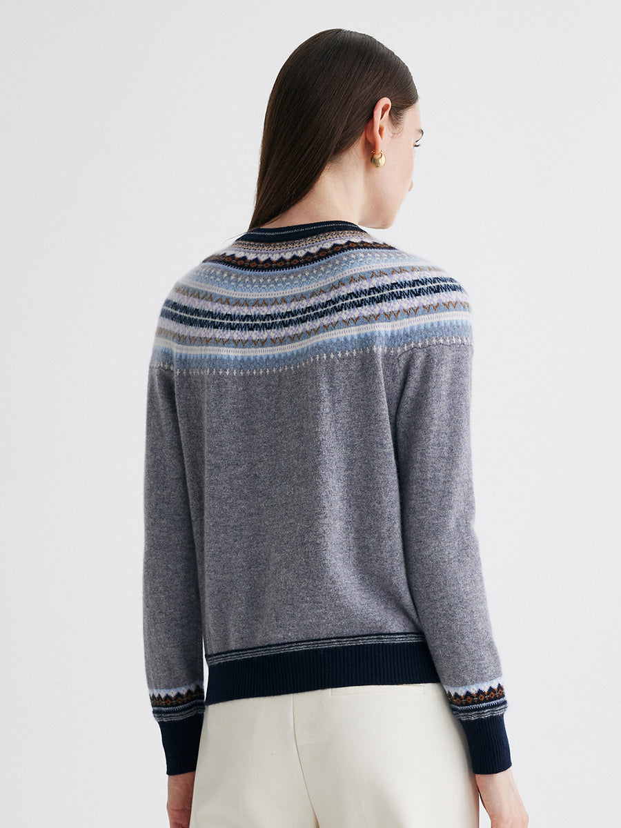 COMOBOCA 100% Cashmere Women's Fair Isle Round Neck Sweater