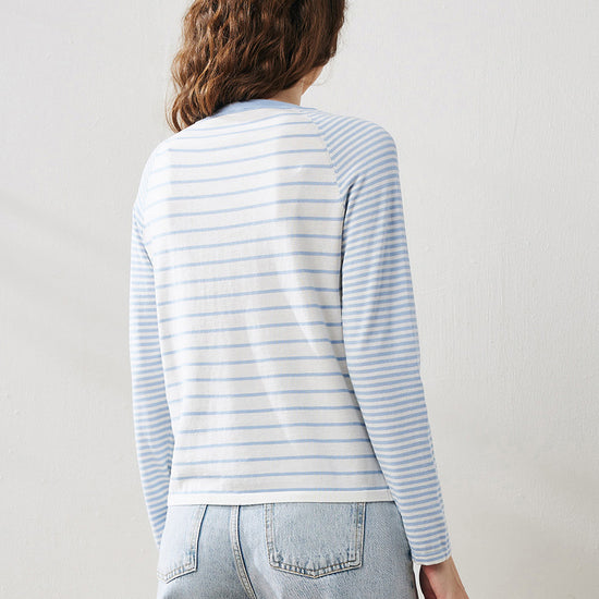 COMOBOCA Women's Cotton Silk Striped Smiley Patch T-Shirt Knit Sweater