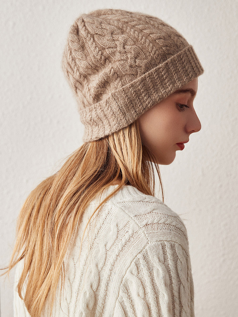 COMOBOCA 100% Cashmere Stylish Cable Knit Beanie