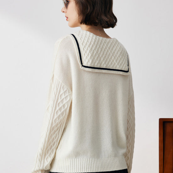 COMOBOCA 100% Cashmere Women's Sailor Collar Cable Knit Sweater