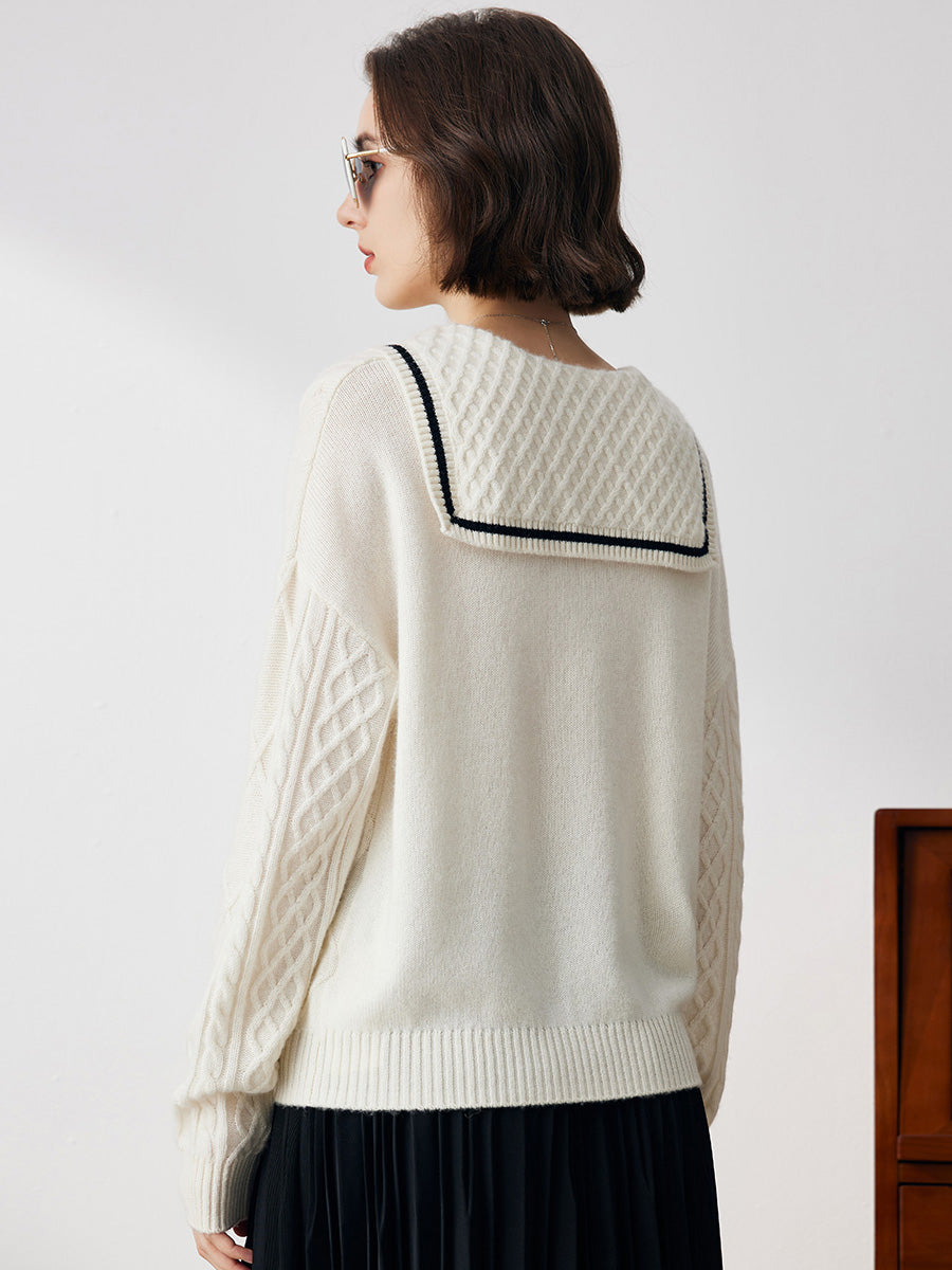 COMOBOCA 100% Cashmere Women's Sailor Collar Cable Knit Sweater