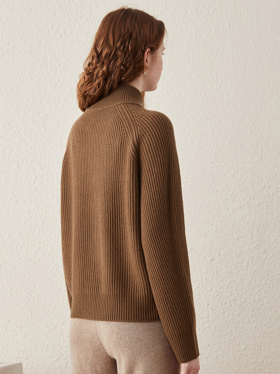 COMOBOCA 100% Wool Women's Half-High Neck Zip Cardigan