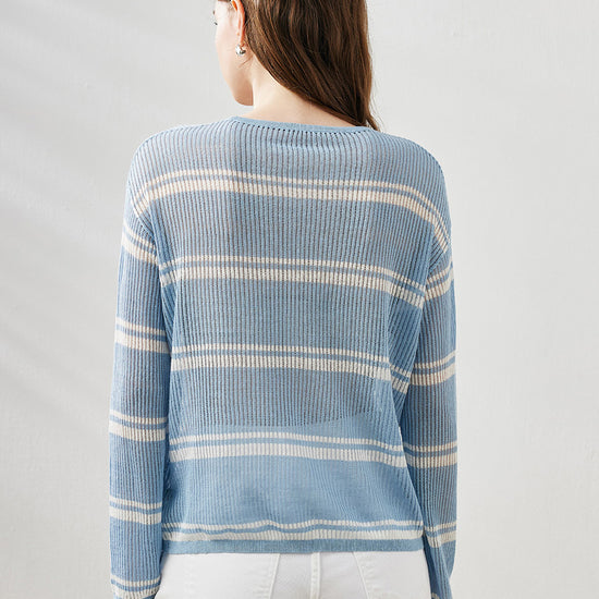 COMOBOCA Women's Striped Ribbed Round Neck Sweater