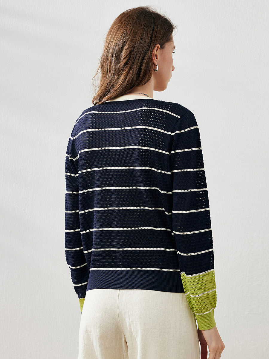 COMOBOCA Women's Striped Ribbed Button Down Cardigan