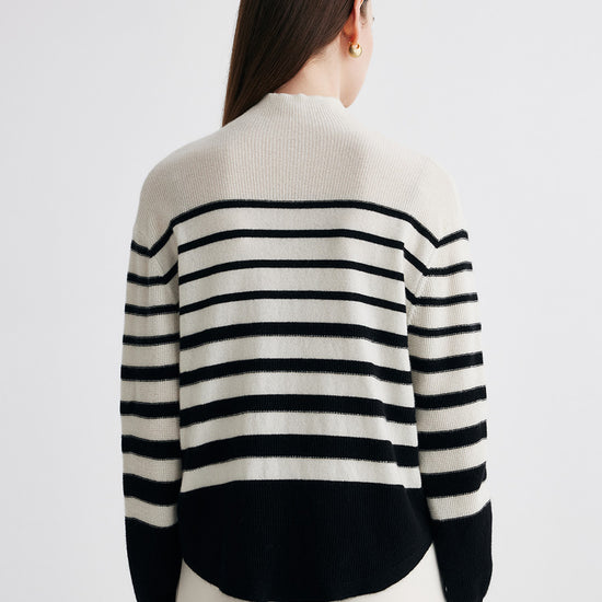 COMOBOCA 100% Cashmere Women's Striped Mock Neck Knit Sweater
