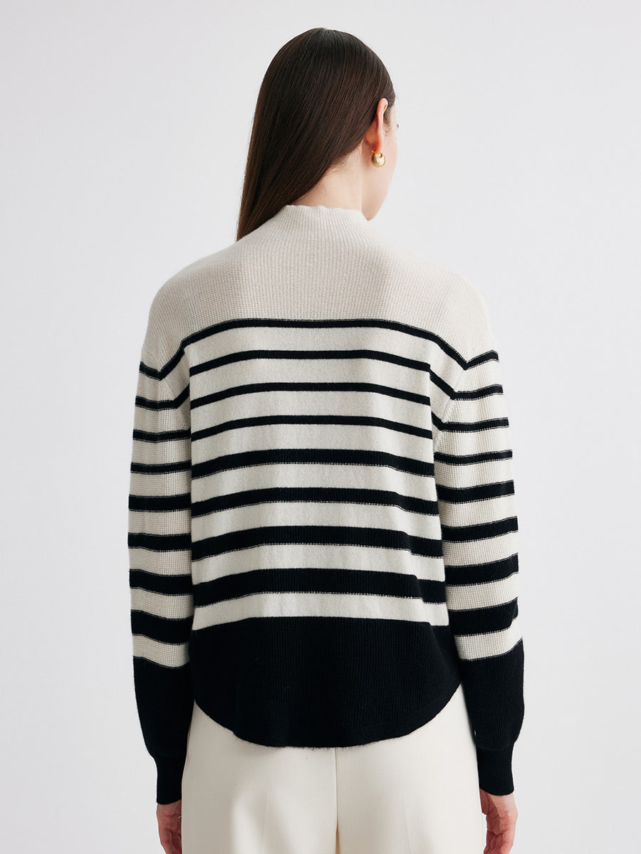 COMOBOCA 100% Cashmere Women's Striped Mock Neck Knit Sweater