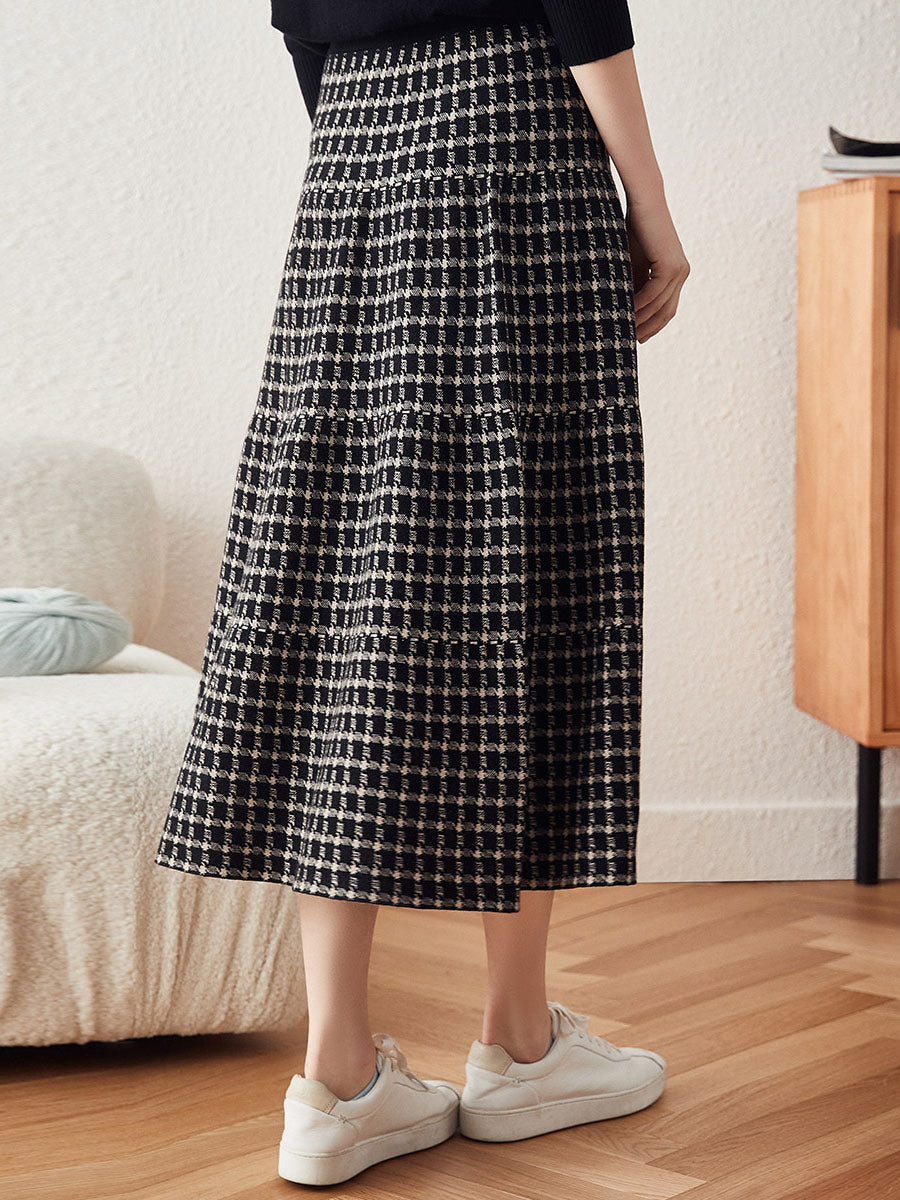 COMOBOCA Women's Plaid Wool Knit A Line Skirt