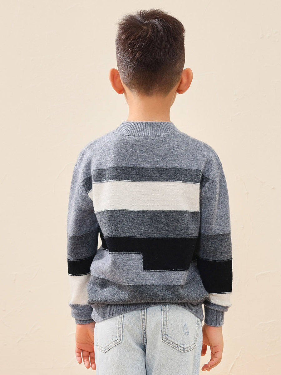 COMOBOCA 100% Wool Kids' Geometric Color Block Striped Knit Sweater