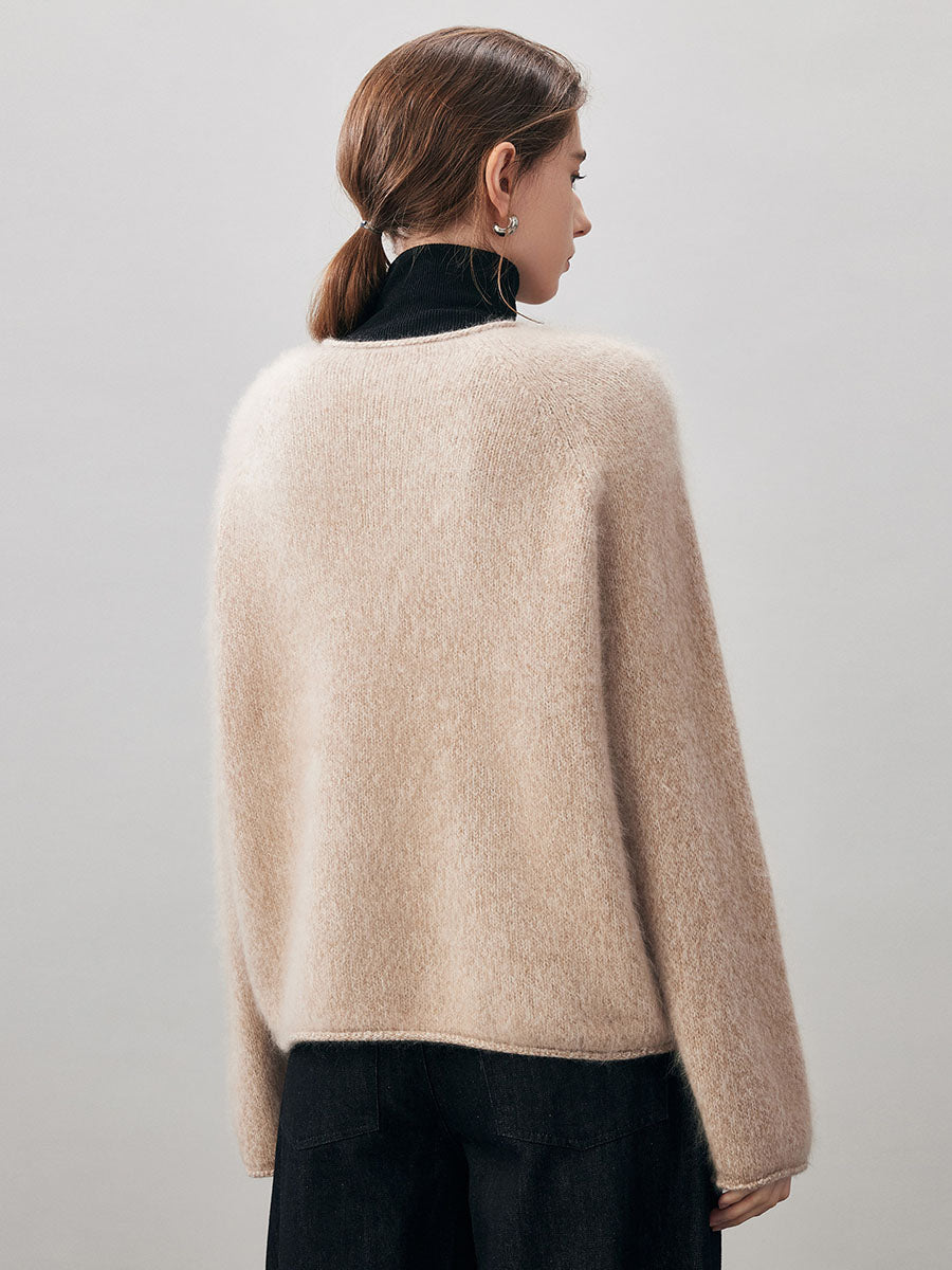 COMOBOCA 100% Wool Women's Fuzzy Round Neck Sweater