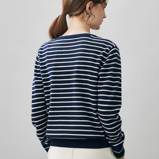 COMOBOCA 100% Cashmere Women's Striped Round Neck Sweater