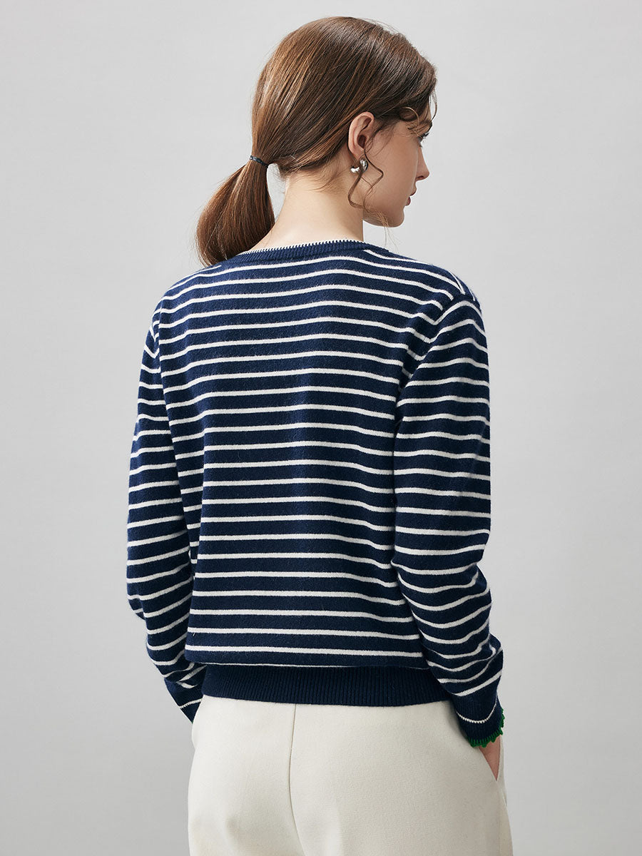 COMOBOCA 100% Cashmere Women's Striped Round Neck Sweater
