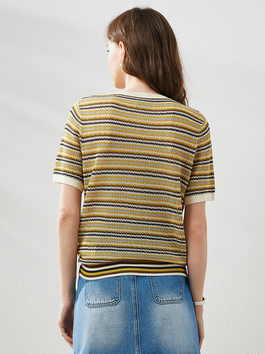 COMOBOCA Women's Striped Short Sleeve Knit Sweater