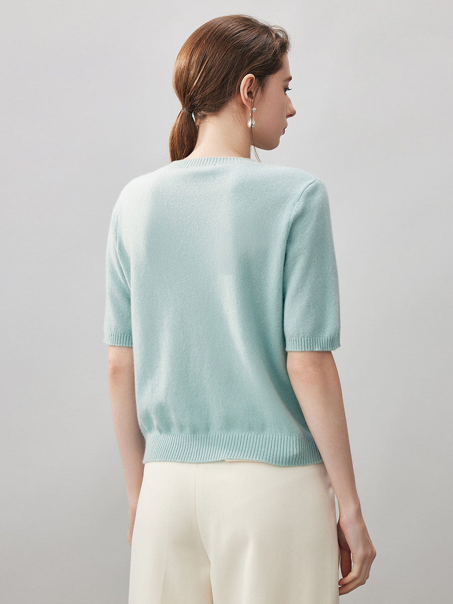 COMOBOCA 100% Cashmere Women's Embroidered Logo Short Sleeve Sweater