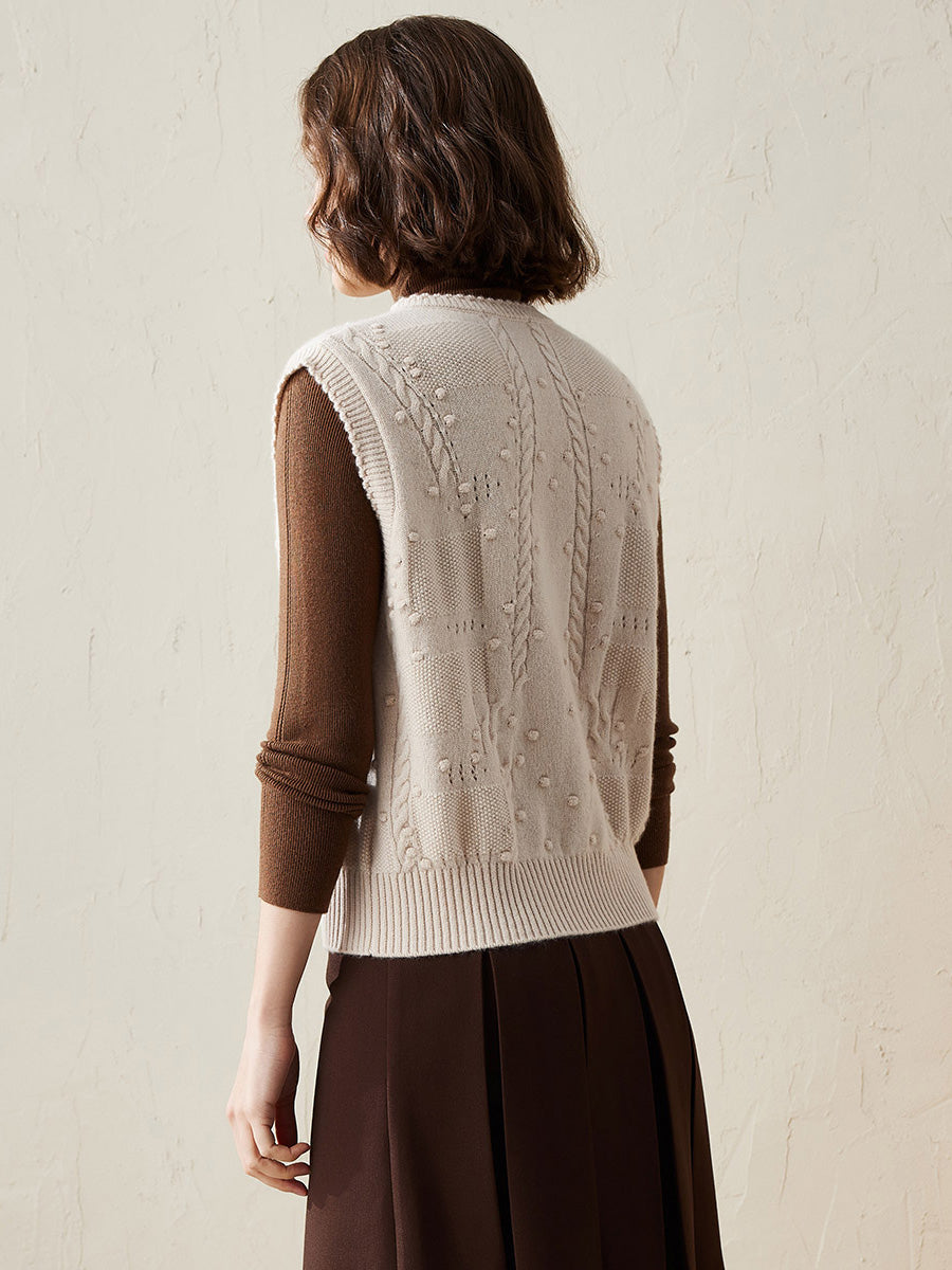 COMOBOCA 100% Cashmere Women's Bow Detailing Cable Knit Vest