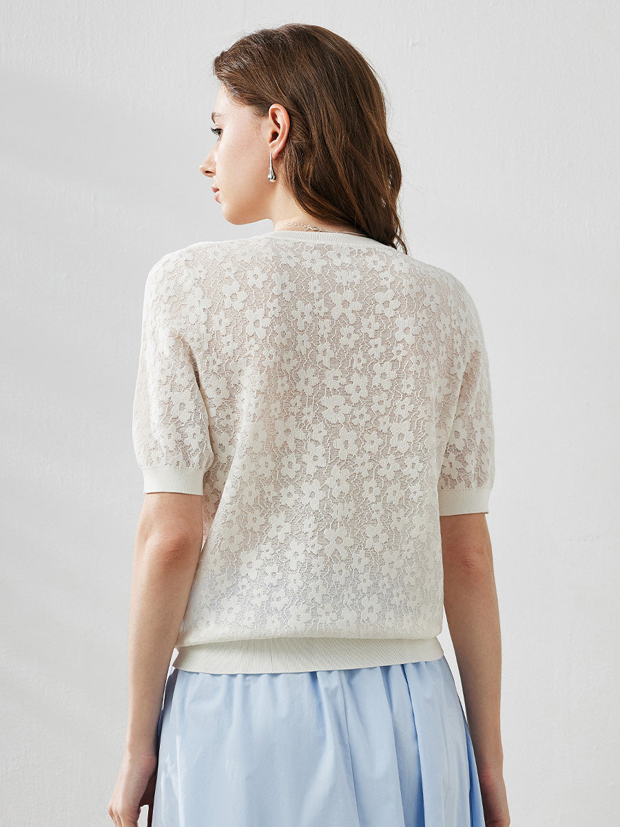 COMOBOCA Women's Cotton Silk Versatile Floral Lace Knit T-Shirt