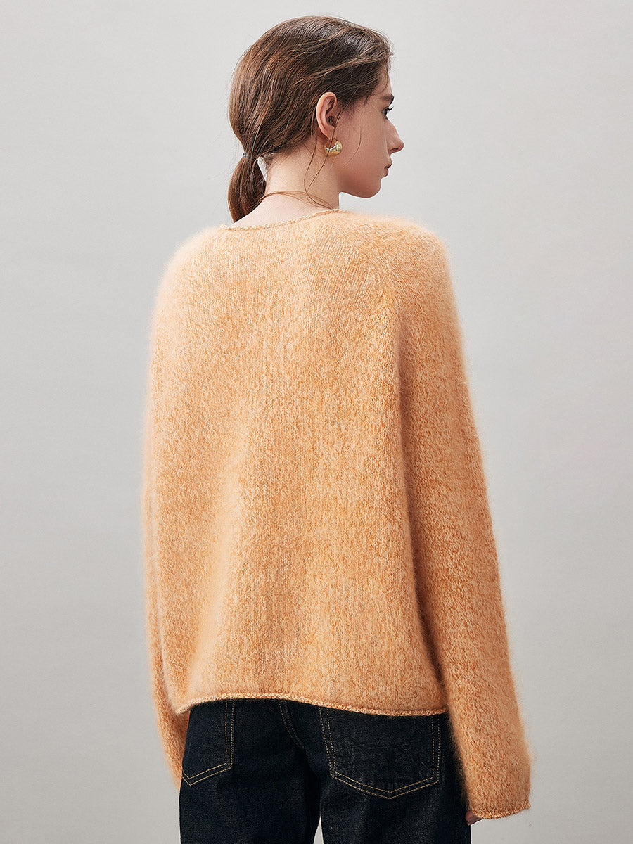 COMOBOCA 100% Wool Women's Fuzzy Round Neck Sweater