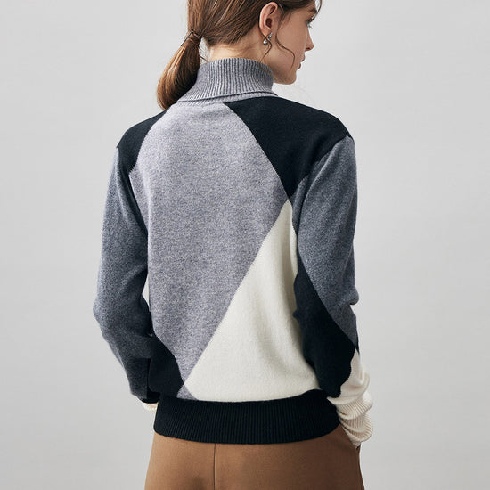 COMOBOCA 100% Cashmere Women's Color Block Turtleneck Sweater