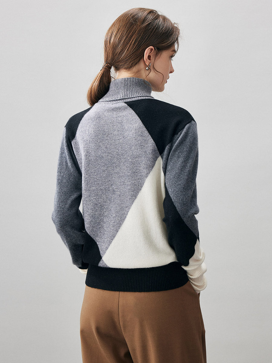 COMOBOCA 100% Cashmere Women's Color Block Turtleneck Sweater