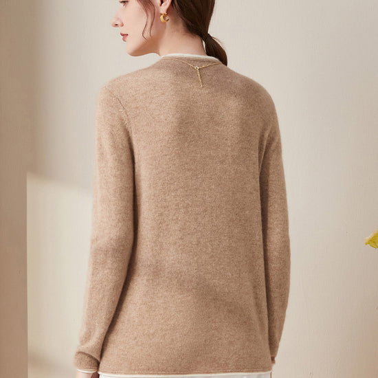 COMOBOCA 100% Cashmere Women's Ribbed Contrast Trim Sweater