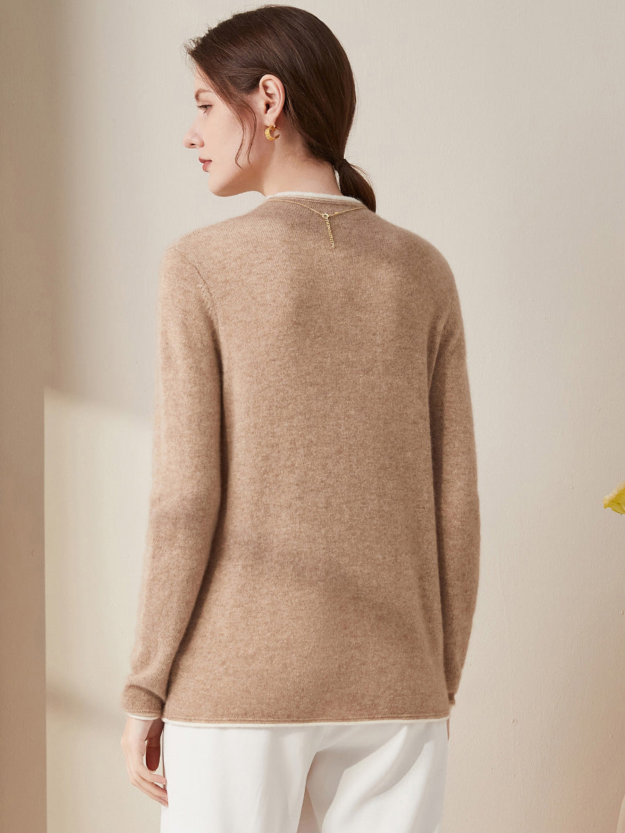 COMOBOCA 100% Cashmere Women's Ribbed Contrast Trim Sweater