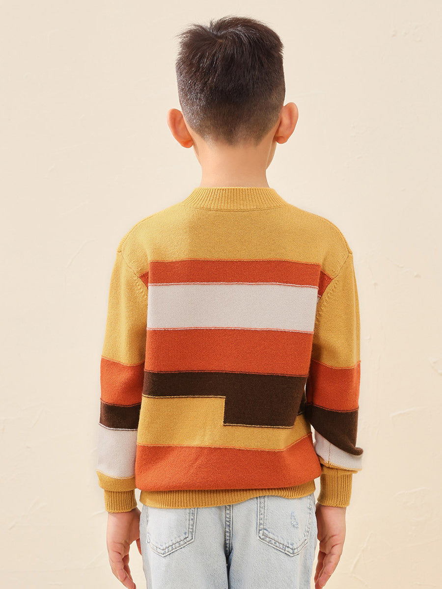 COMOBOCA 100% Wool Kids' Geometric Color Block Striped Knit Sweater