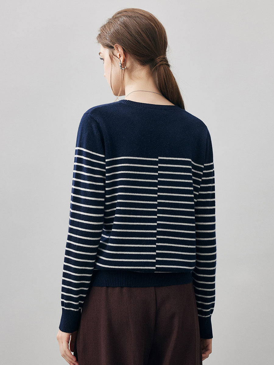 COMOBOCA 100% Cashmere Women's Striped Round Neck Sweater