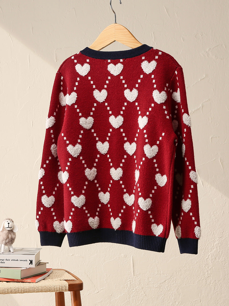 COMOBOCA 100% Wool Kids' Heart Pattern Knit Cardigan