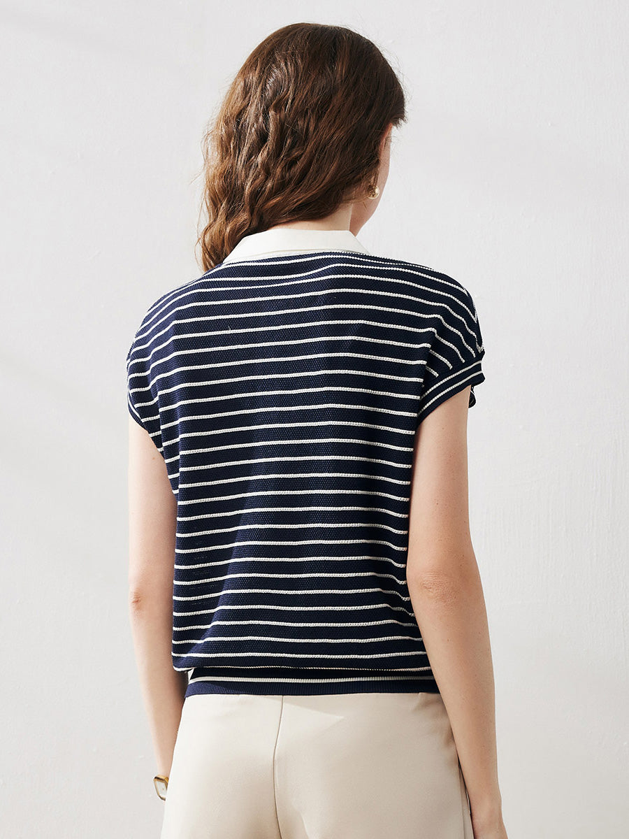 COMOBOCA Women's Cotton Silk Striped Knit Polo Shirt