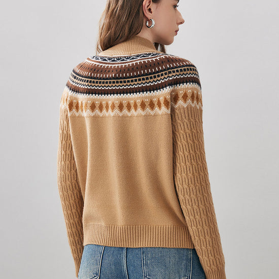 COMOBOCA 100% Wool Women's Fair Isle Zip Up Cable Knit Cardigan