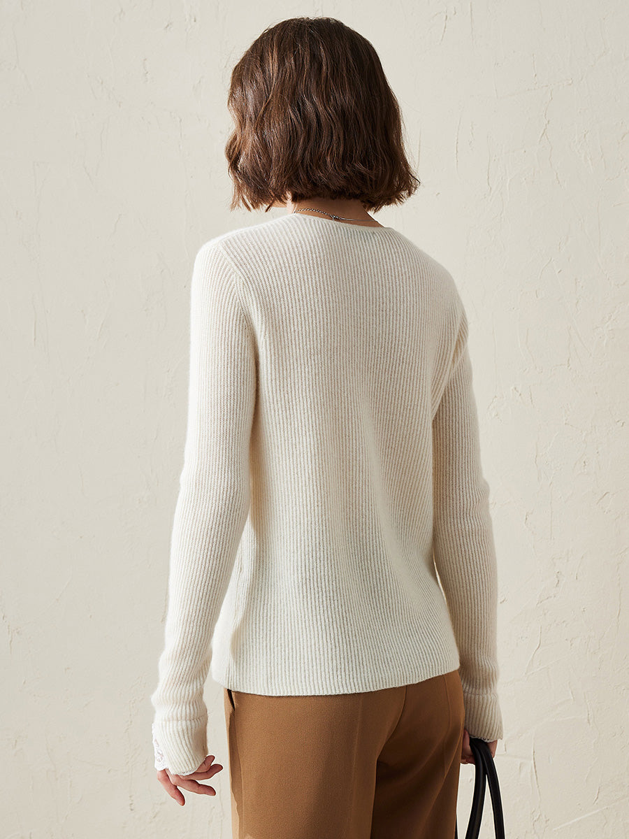 COMOBOCA 100% Cashmere Women's Faux Button Sweater with Lace Cuff