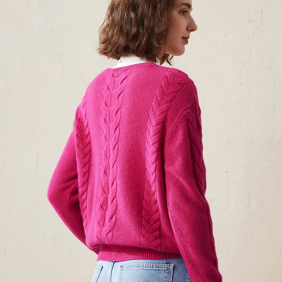 COMOBOCA 100% Cashmere Women's Cable Knit V-Neck Sweater