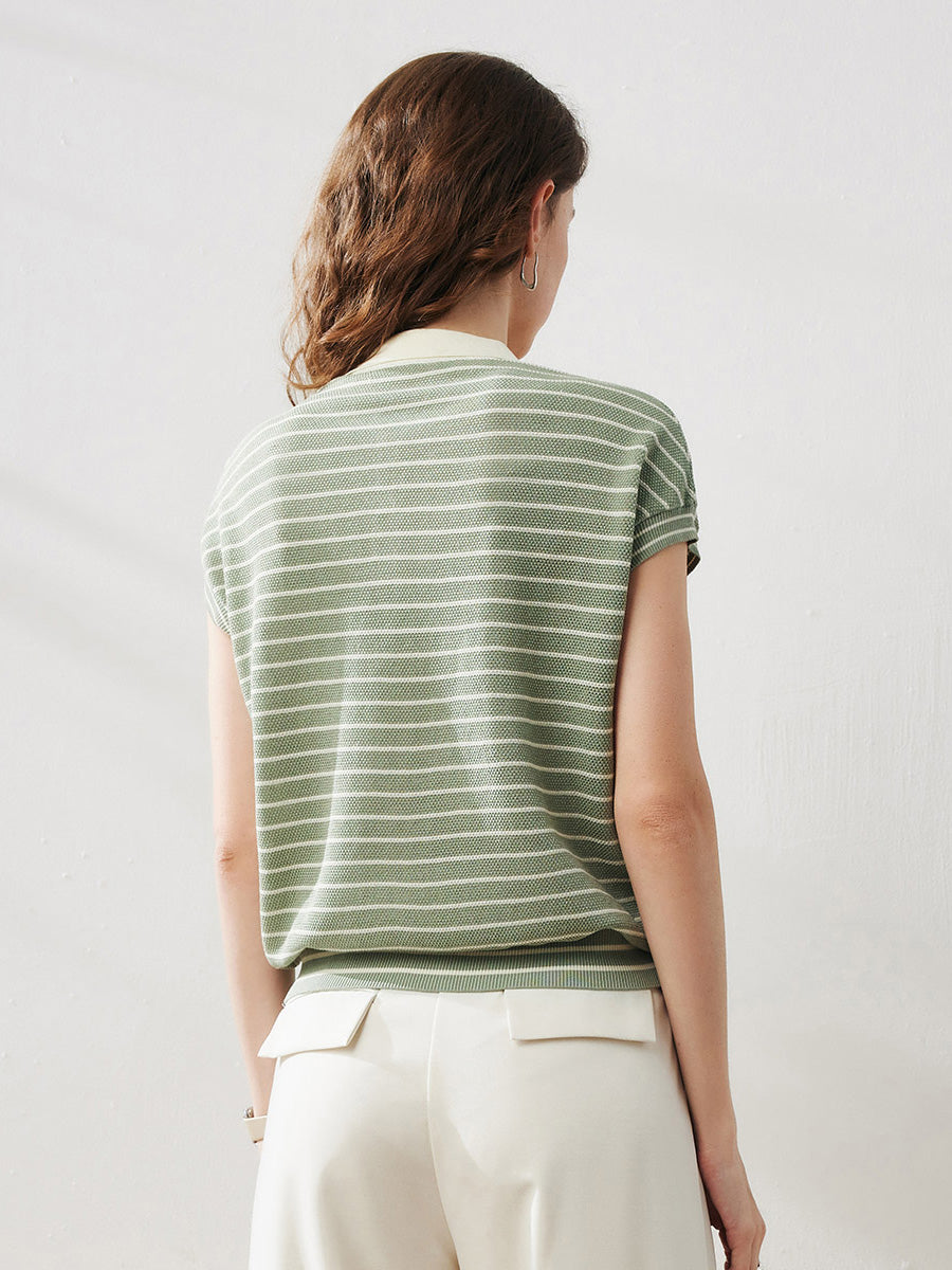 COMOBOCA Women's Cotton Silk Striped Knit Polo Shirt