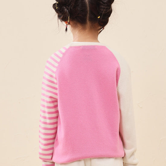 COMOBOCA 100% Wool Kid's Color Block Striped Sleeve Knit Sweater