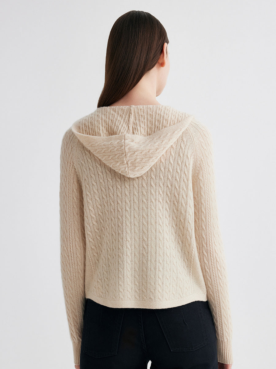 COMOBOCA 100% Cashmere Women's Cable Knit Zip Up Hoodie