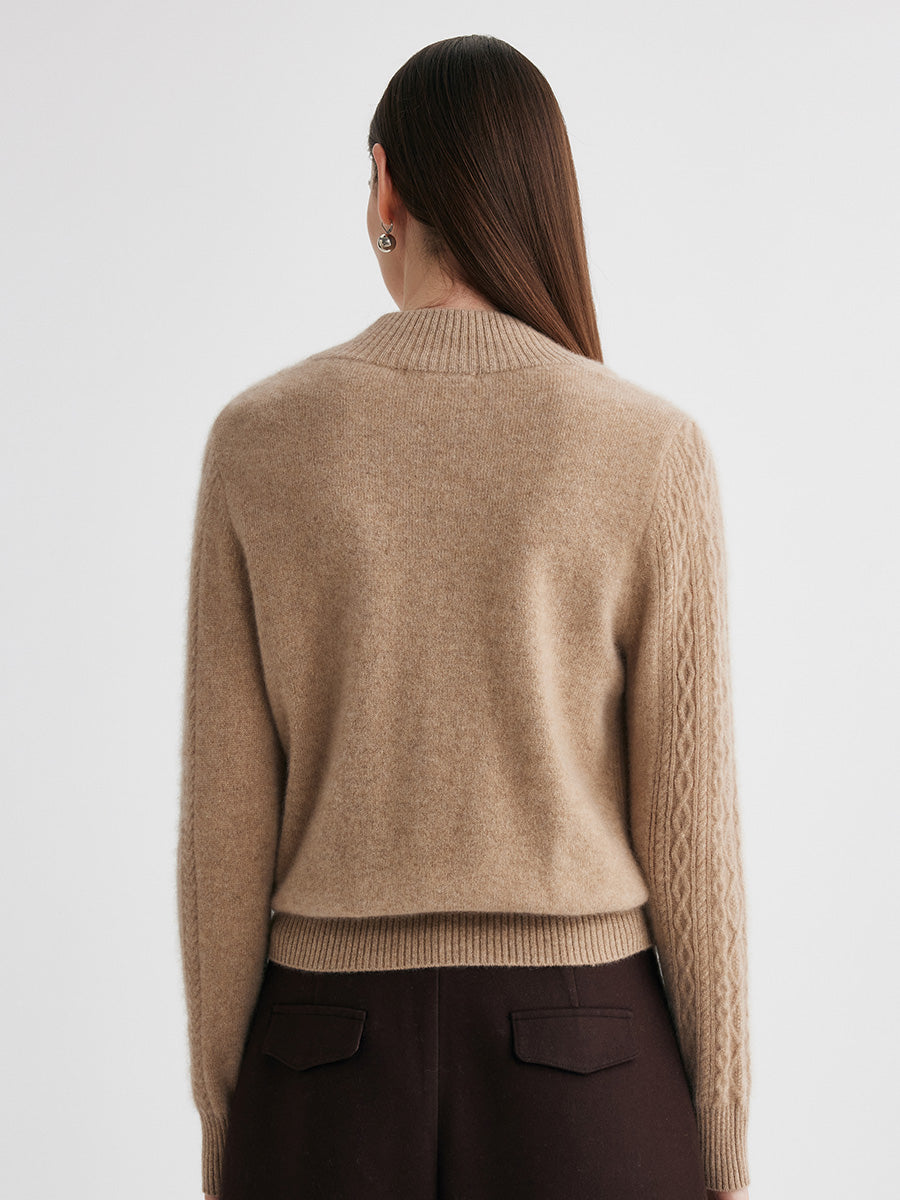 COMOBOCA 100% Cashmere Women's Cable Knit Mock Neck Zip Up Cardigan