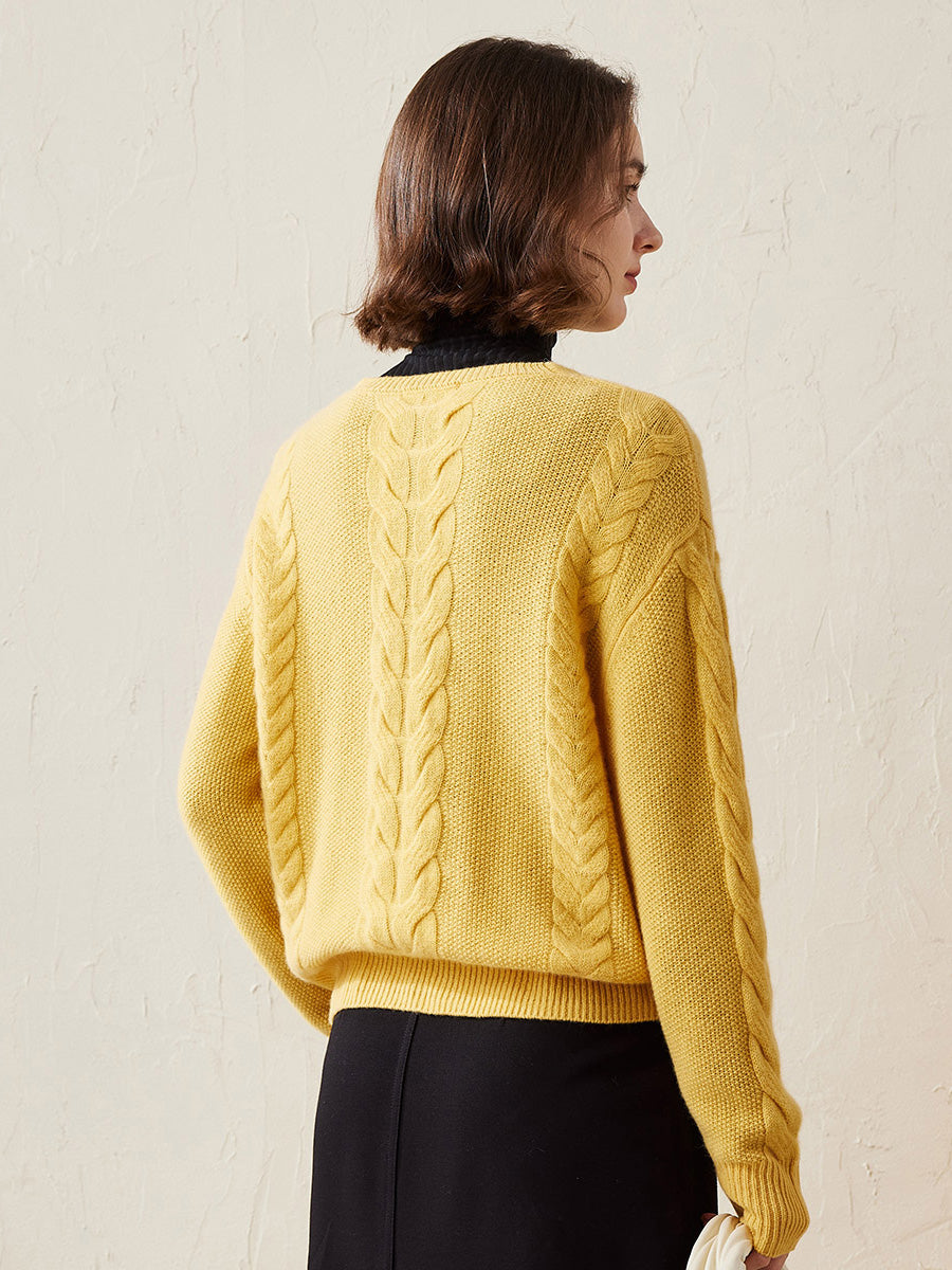 COMOBOCA 100% Cashmere Women's Cable Knit V-Neck Sweater