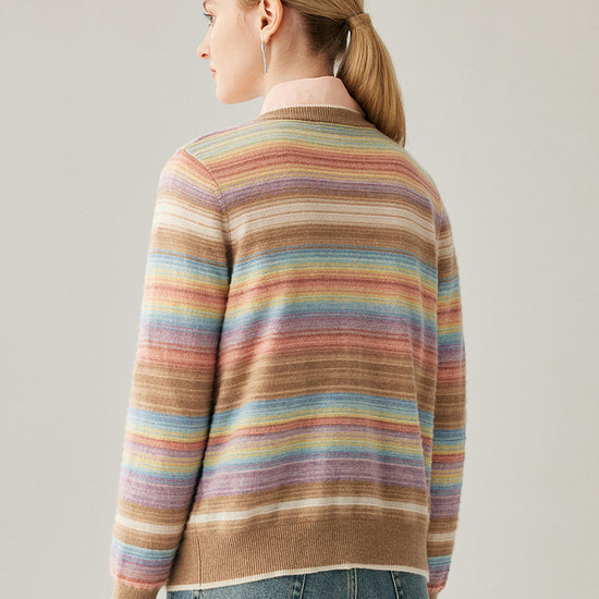 COMOBOCA 100% Cashmere Women's Striped Button Down Cardigan