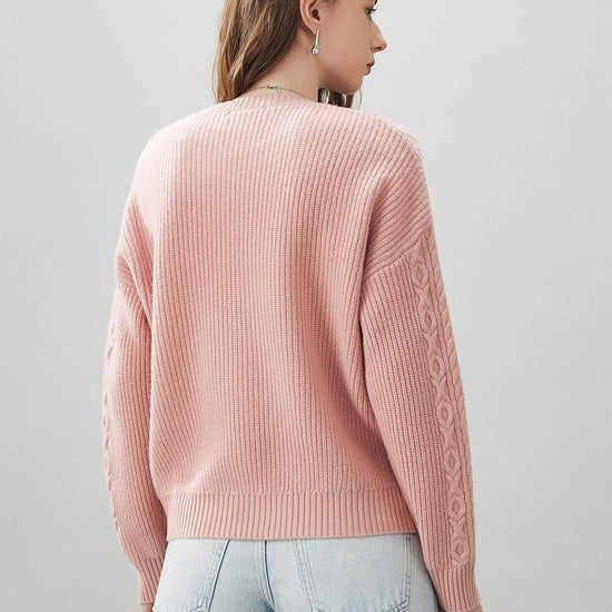 COMOBOCA 100% Wool Women's Cable Round Neck Knit Sweater