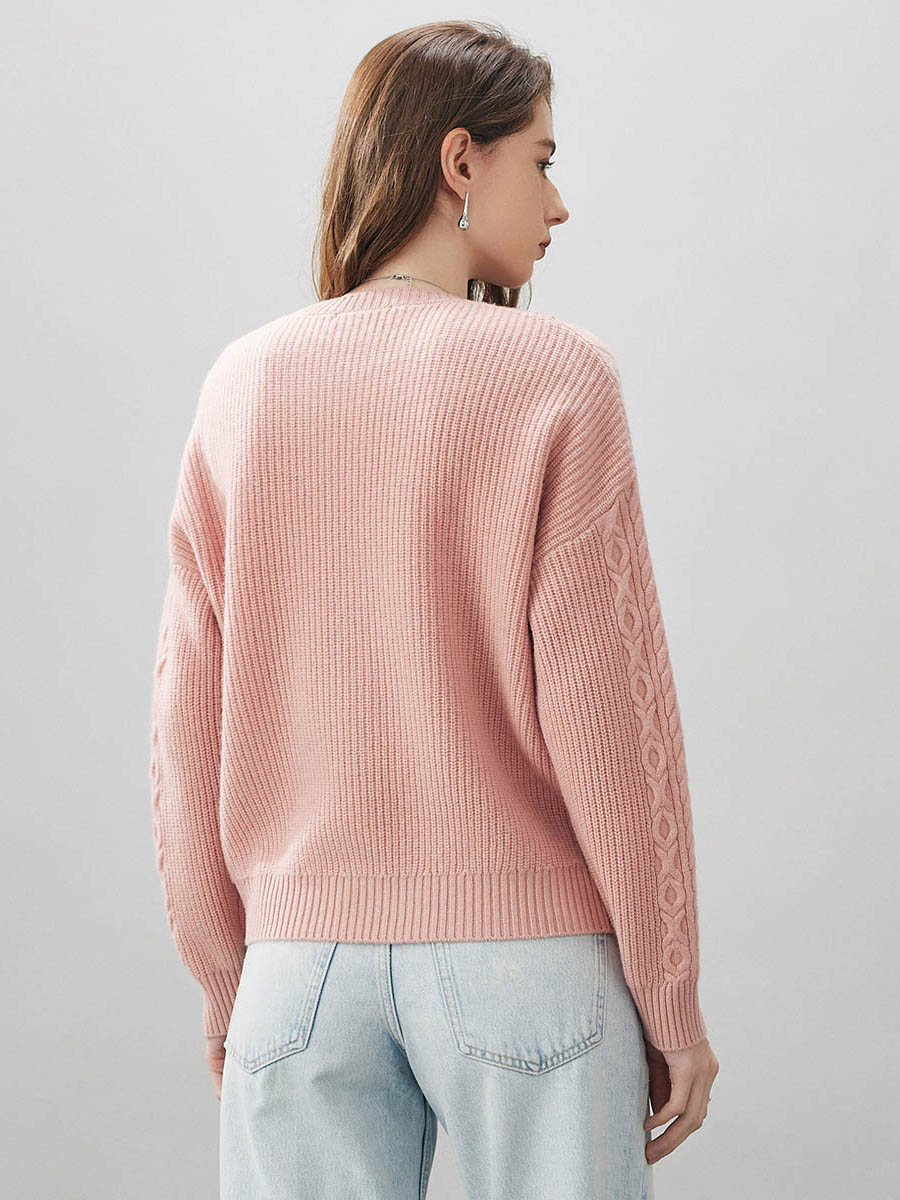 COMOBOCA 100% Wool Women's Cable Round Neck Knit Sweater