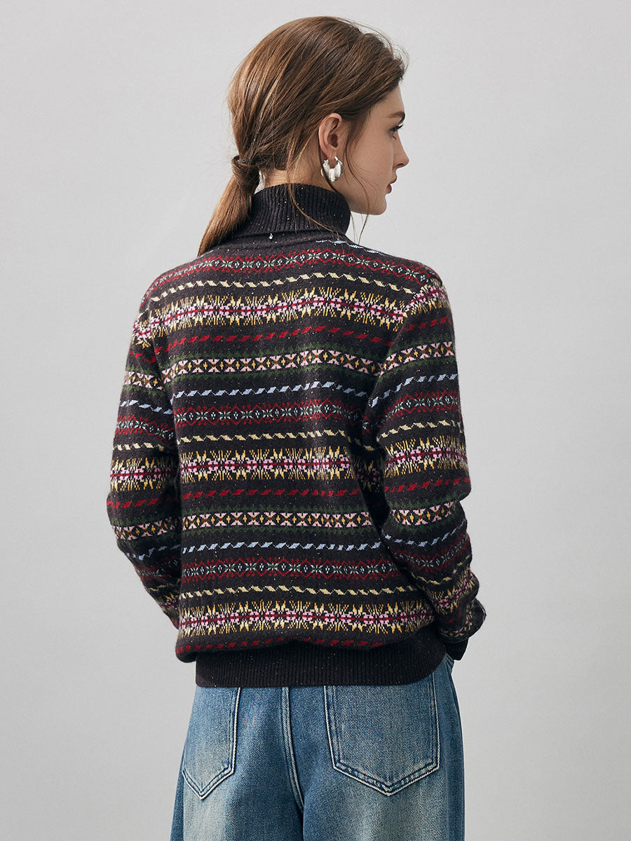 COMOBOCA 100% Cashmere Women's Fair Isle Turtleneck Sweater