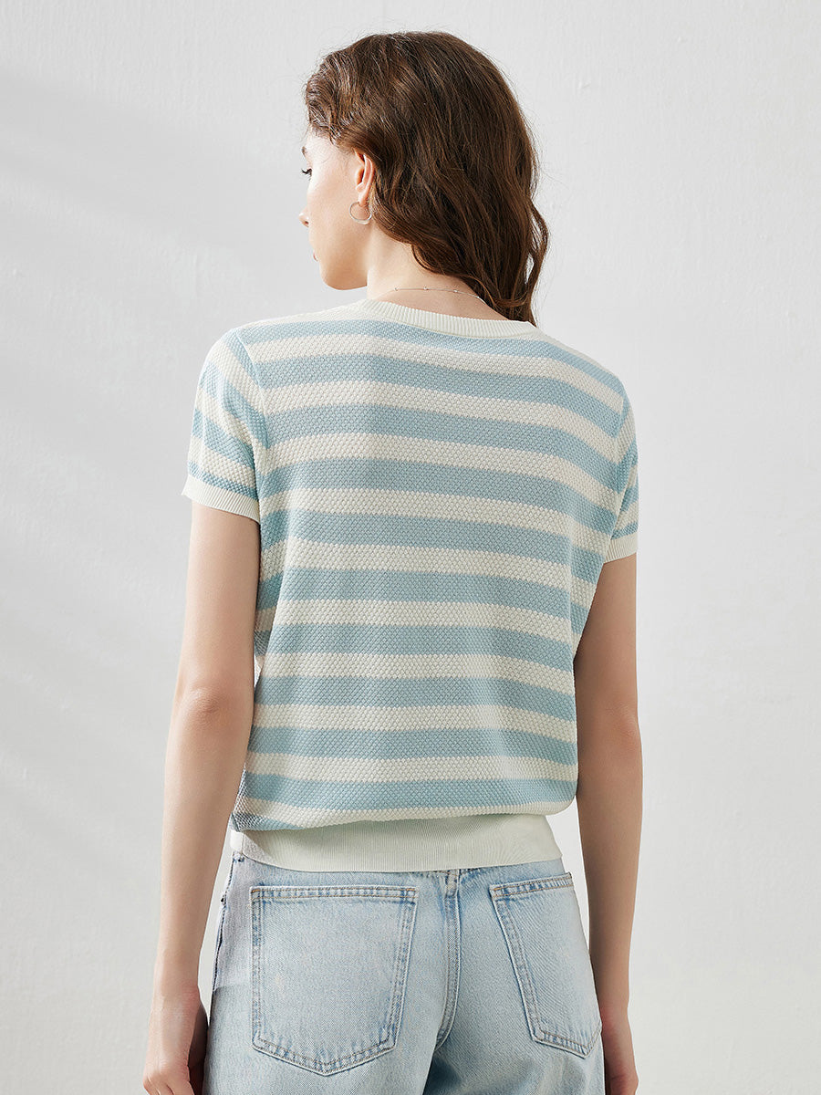 COMOBOCA Women's Striped Ribbed Knit T-Shirt