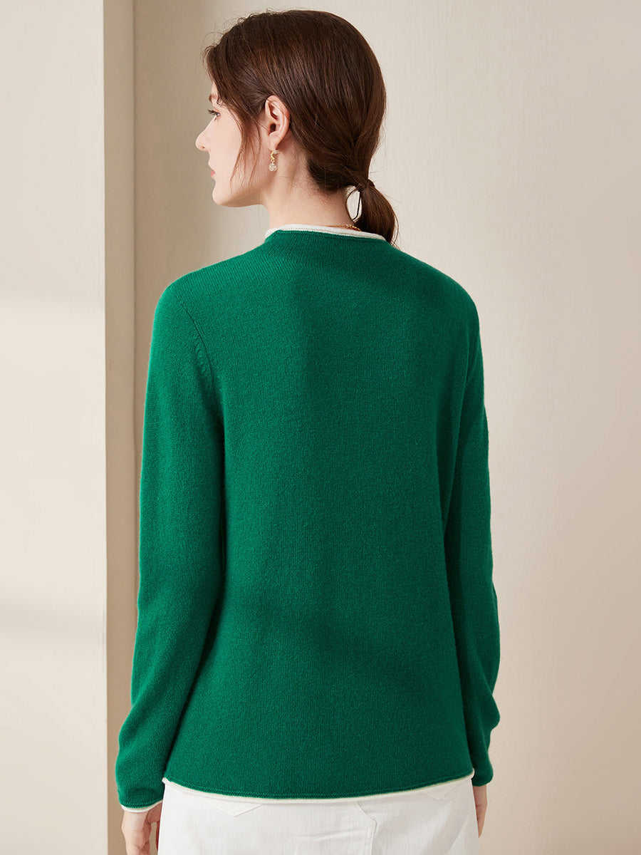 COMOBOCA 100% Cashmere Women's Ribbed Contrast Trim Sweater