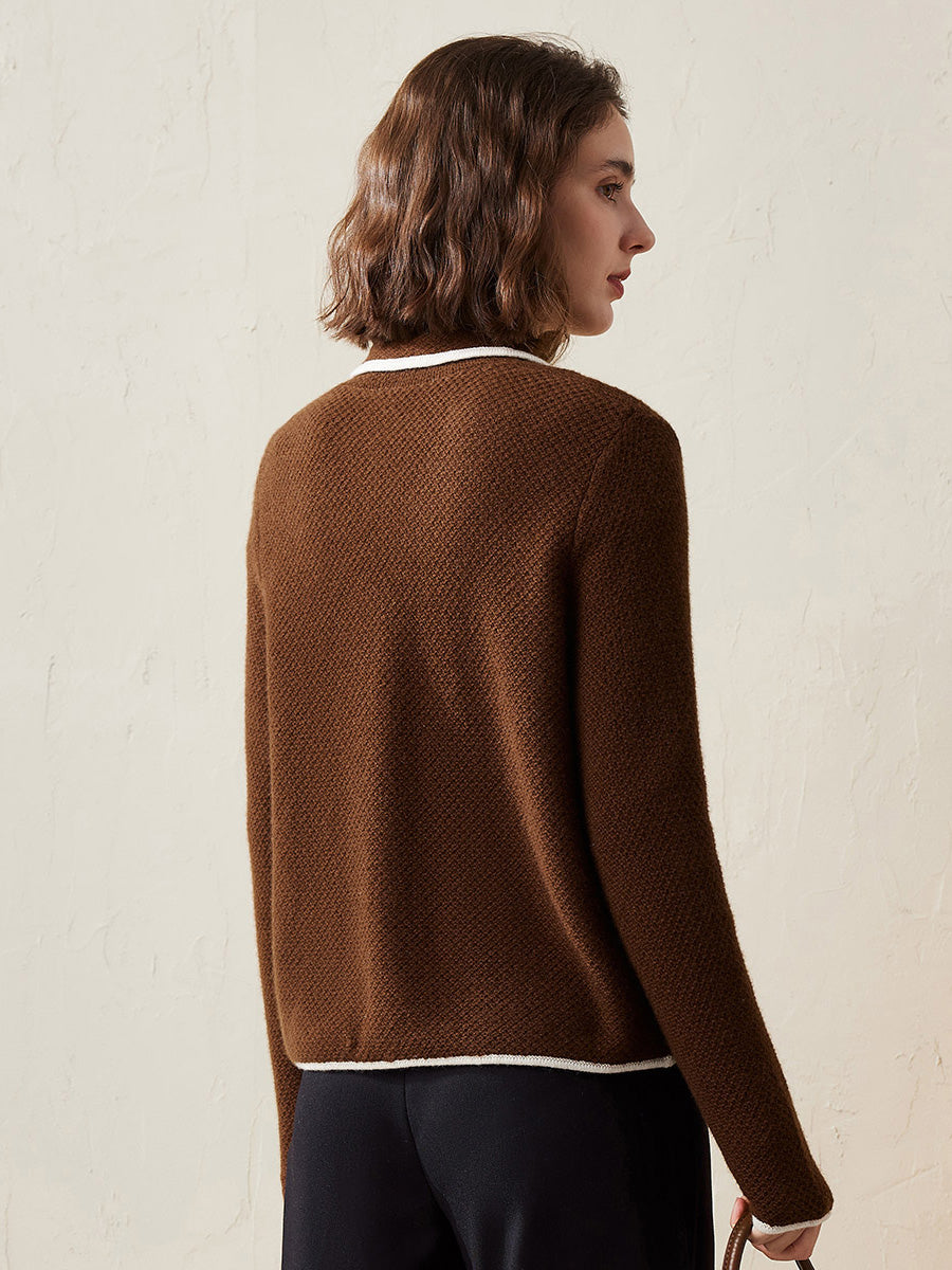 COMOBOCA 100% Cashmere Women's Contrast Trim Knit Cardigan