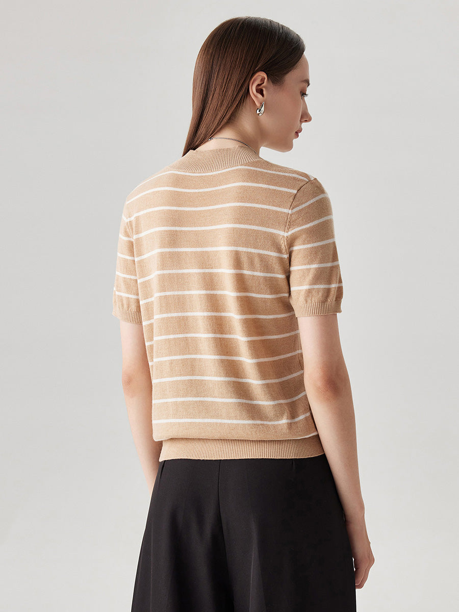 COMOBOCA 100% Wool Women's Mock Neck Striped Ribbed T-Shirt
