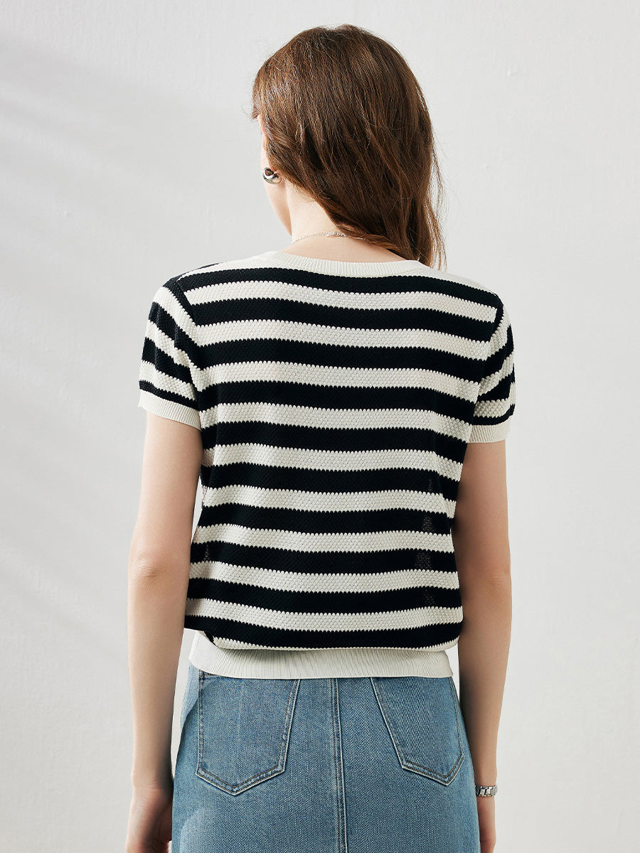 COMOBOCA Women's Striped Ribbed Knit T-Shirt